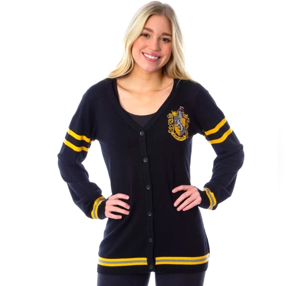 NEW! Harry Potter Hufflepuff House Open Front Knit Cardigan Sweater Black SZ S - Picture 4 of 13